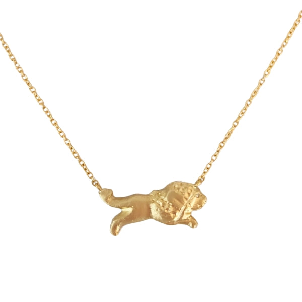 14kt gold casting of an ancient bronze lion artifact. Diamond accented eye and 1.3 mm cable chain adjustable lengths 15", 16", 17", 18"