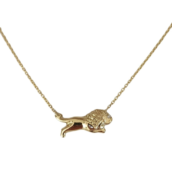 14kt gold casting of an ancient bronze lion artifact.  Diamond accented eye and 1.3 mm cable chain adjustable lengths 16", 17", 18"