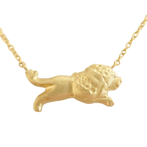 14kt gold lion necklace with diamond eye cast from an ancient bronze Roman artifact.