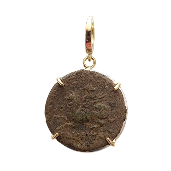 Ancient Greek Bronze Coin, 281-200 BC, of Griffin and Apollo from Abdera Thrace set in 18kt Recycled Gold and Sterling Silver Pendant