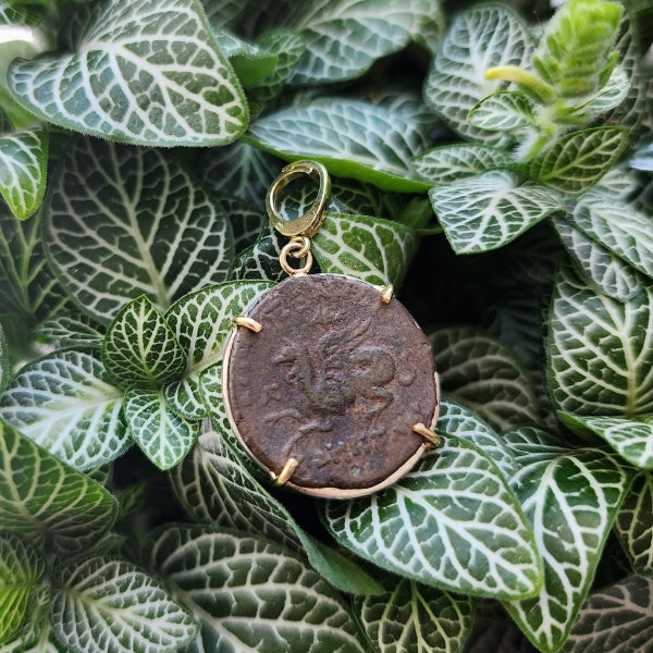 ancient greek bronze coin griffin apollo 18kt gold silver pendant