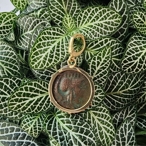 Ancient Greek bronze coin pendant with Athena on the back 18kt gold and enhancer bail