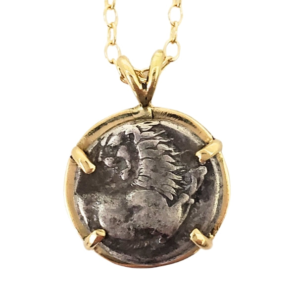 Ancient Greek silver coin Thrace Lion 400 - 350 BC 18kt gold necklace