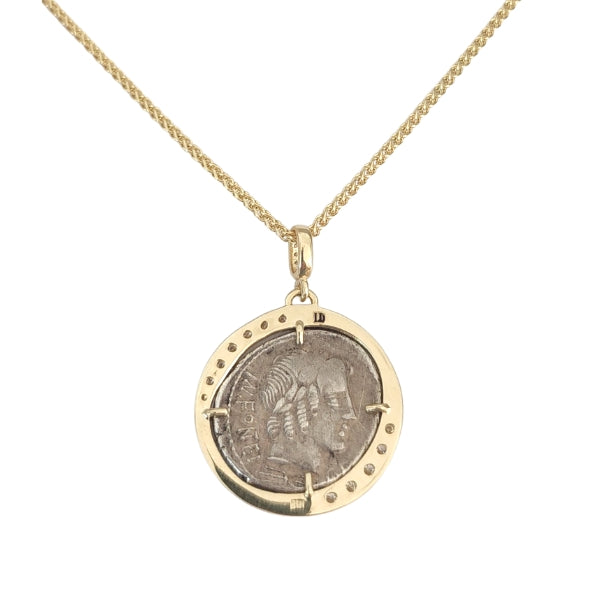 Ancient Roman Republic 85 BC silver denarius coin Apollo on back 18kt gold and diamond pendant 