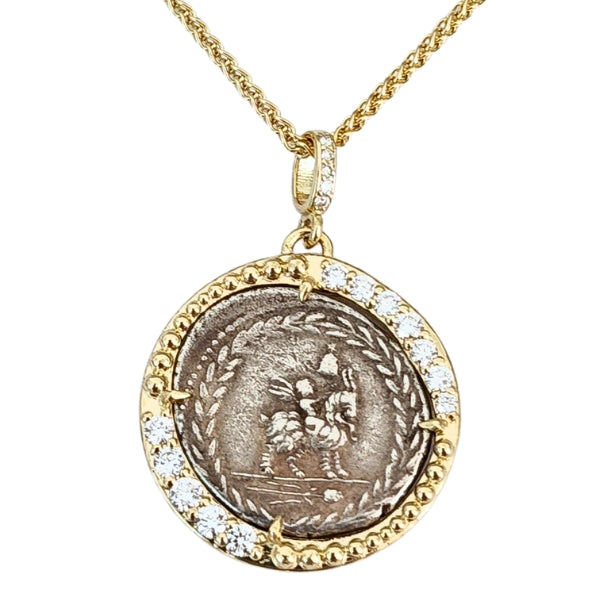 Ancient Roman Republic Silver Coin in 18kt gold and diamond pendant setting