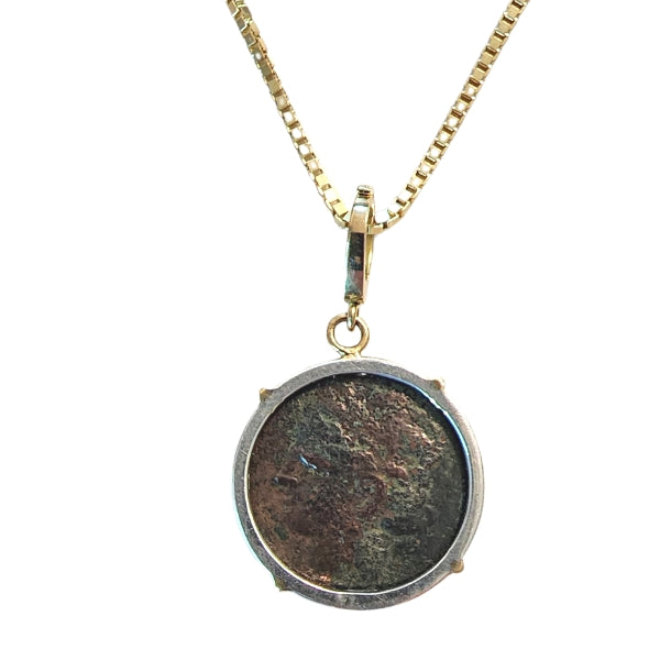 Ancient Greek Bronze Coin from Carthage Horse and Goddess Tanit on Back 18kt Gold and Sterling Silver Setting