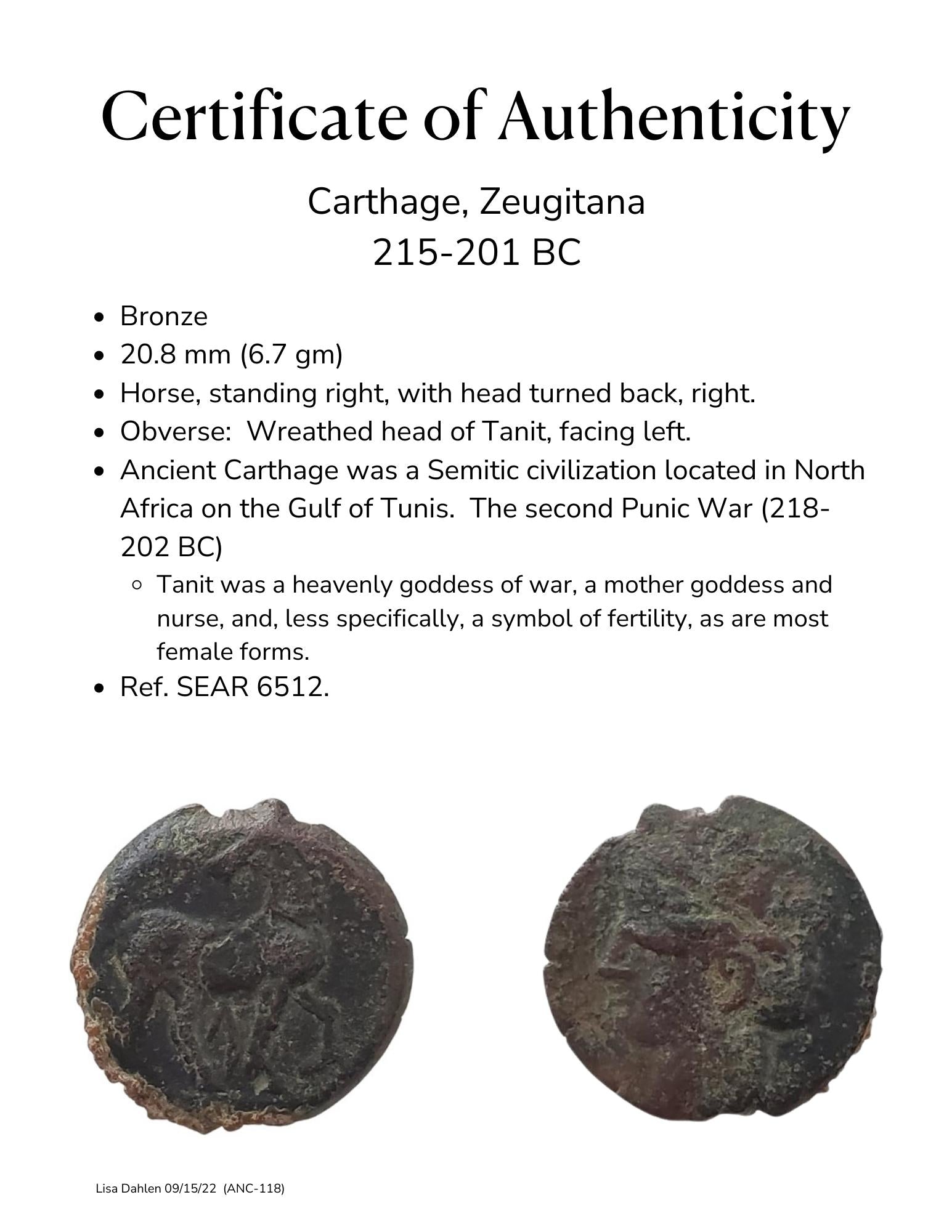 Ancient Greek bronze coin from Carthage of standing horse and goddess Tanit.  certificate