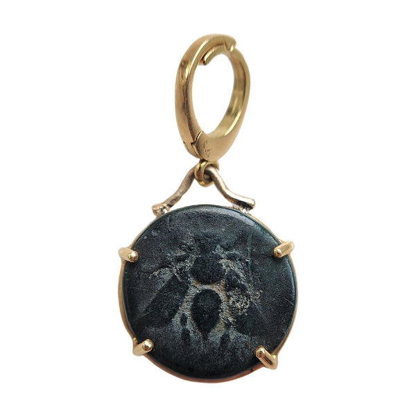 Ancient Greek Bronze Coin of Bee and Stag on the back. From Ephesus, Ionia in modern Turkey. Set in 18kt recycled gold with an 18kt gold enhancer bail.