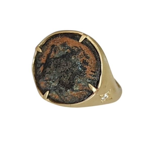 Constantine the Great commemorative coin Hand of God 18kt gold signet ring with diamond accents