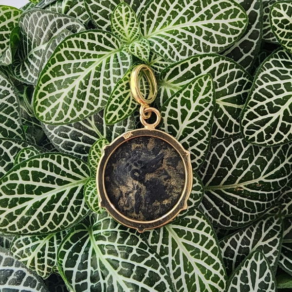 Ancient Greek bronze coin pendant of Athena 18kt gold pendant