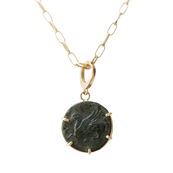 Ancient bronze Greek Syracuse Sicily 344-317 BC coin pendant Pegasus 18kt gold and enhancer bail