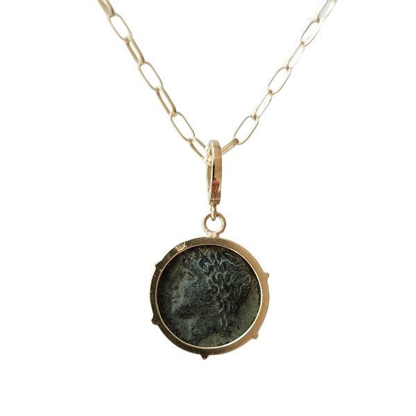 Ancient Greek Syracuse Sicily 344-317 BC bronze coin pendant Apollo 18kt gold and enhancer bail