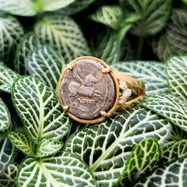 Ancient Roman Republic Pegasus silver coin in 18kt gold and diamond ring.