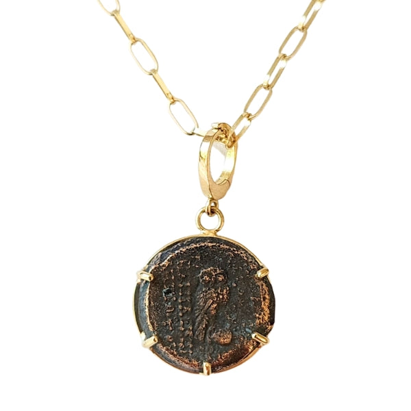 Ancient Greek Seleukid Kingdom 125-121 BC bronze coin owl standing on amphora 18kt gold pendant