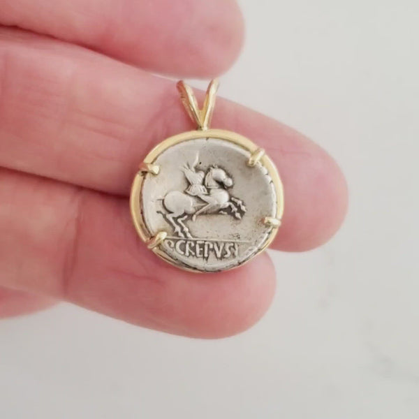 Ancient Roman Silver Denarius Coin Horse and Rider Apollo on back Gold Pendant Video