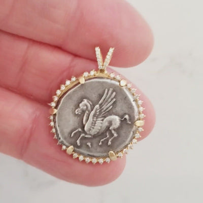 Ancient Greek Silver Stater Coin Corinth Pegasus Athena on back Gold and Diamond Pendant Video