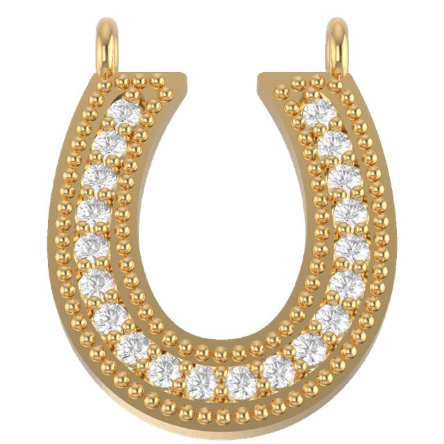 Detail of horseshoe necklace with diamonds and milgrain design.