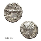 Ancient Roman Republic Silver Denarius Coin 146 BC with Discuri, Gemini, and Roma 