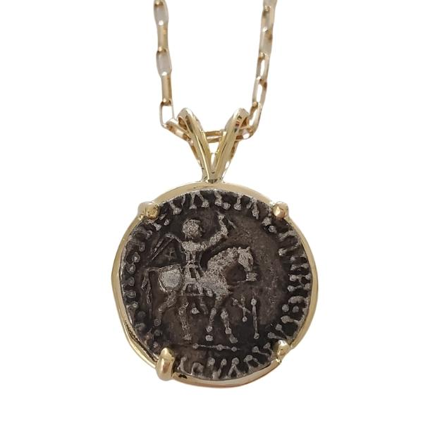 King Azes II ancient silver coin on horseback following star Magi