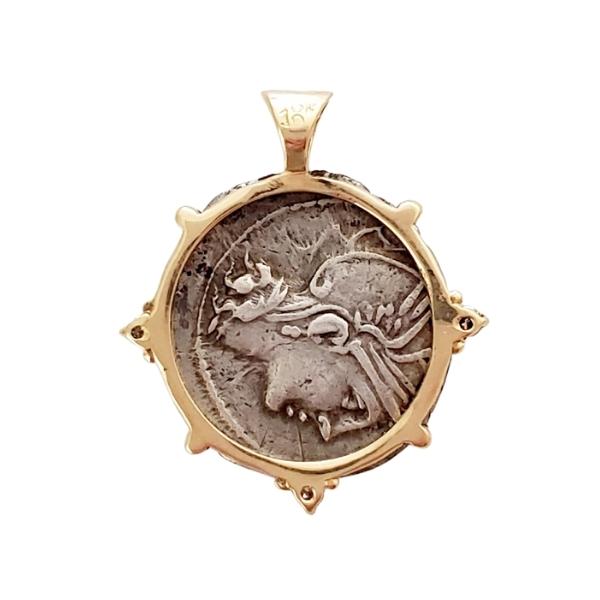 Roman Republic ancient silver denarius 112-111 BC coin with horses and Roma.  18kt recycled gold setting with Canadian source diamonds.  