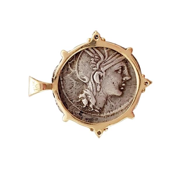 Roman Republic ancient silver denarius 112-111 BC coin with horses and Roma, rotated.  18kt recycled gold and Canadian source diamonds.  