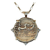 Roman Republic Silver Denarius Coin 111-110BC Three Horse Chariot Victory Gold and Diamond Pendant