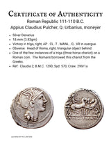 Roman Republic ancient silver denarius coin of winged Victory driving a triga, chariot of 3 horses, and Apollo on obverse.  Certificate