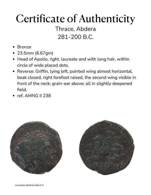 Ancient Greek bronze coin Abdera Thrace of Apollo and Griffin Certificate