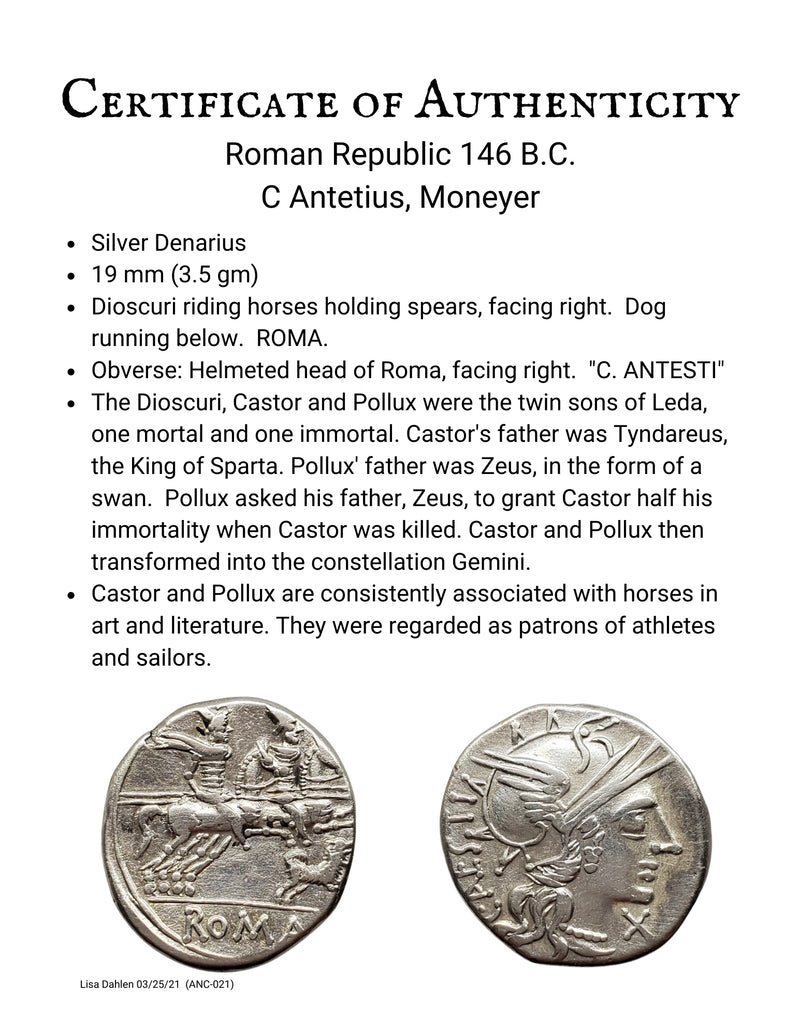 Roman Republic Silver Denarius Dioscuri Gemini Twins on Horse-back running dog certificate