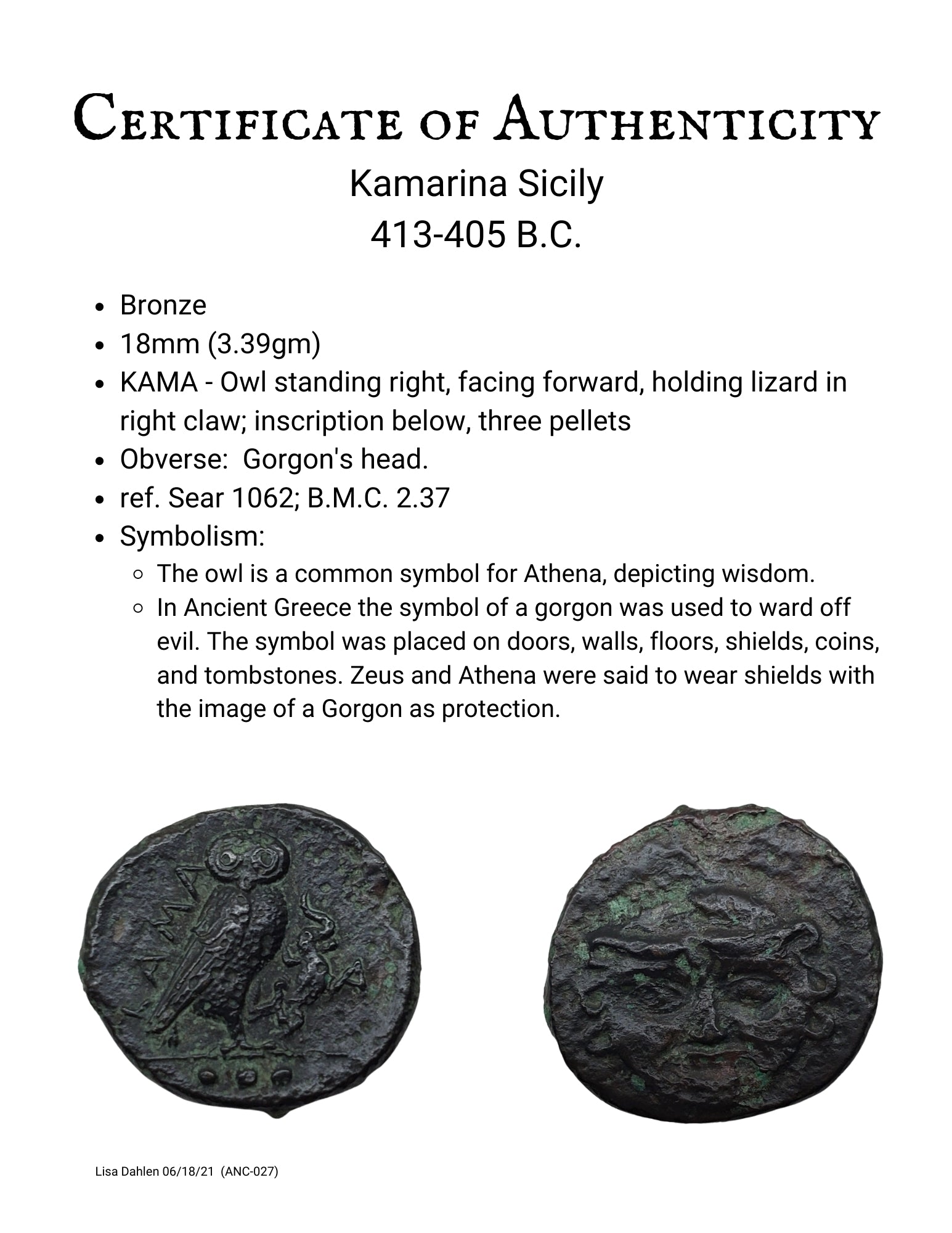 Ancient Greek bronze coin with Owl and Gorgon Kamarina Sicily Certificate  413-405 BC