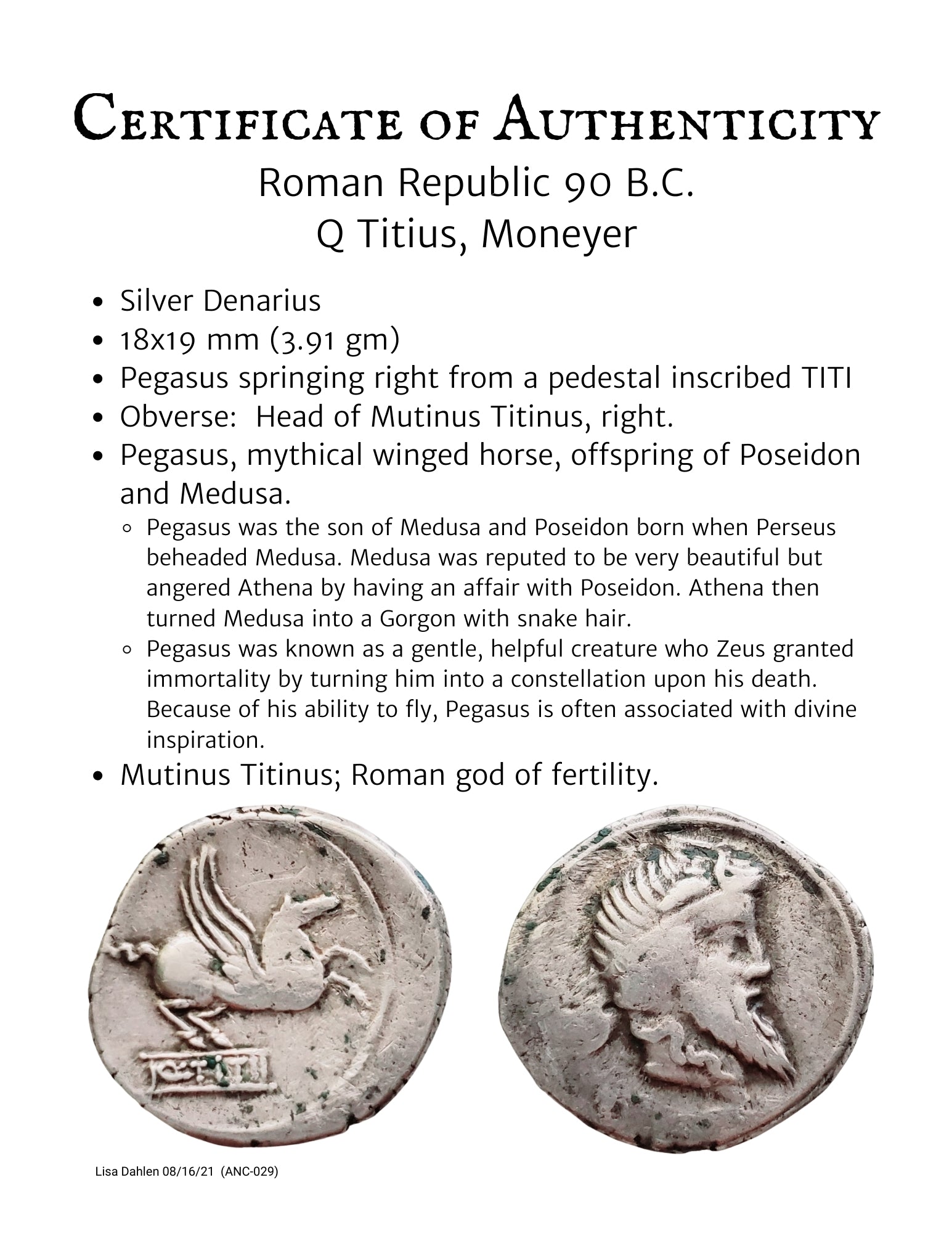 Certificate Roman Republic 90 BC Titius Pegasus coin