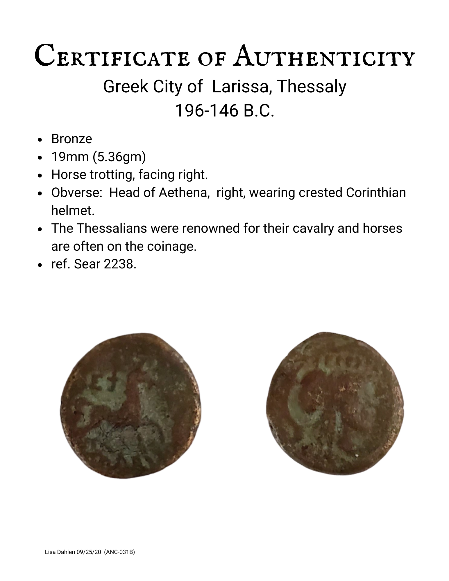 Certificate 031b Greek Larissa Bronze Horse Coin 1960146 BC