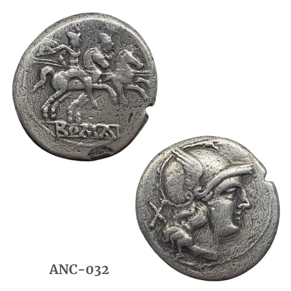 Ancient Roman Republic Coin with Discuri, Gemini, and Roma Silver Denarius