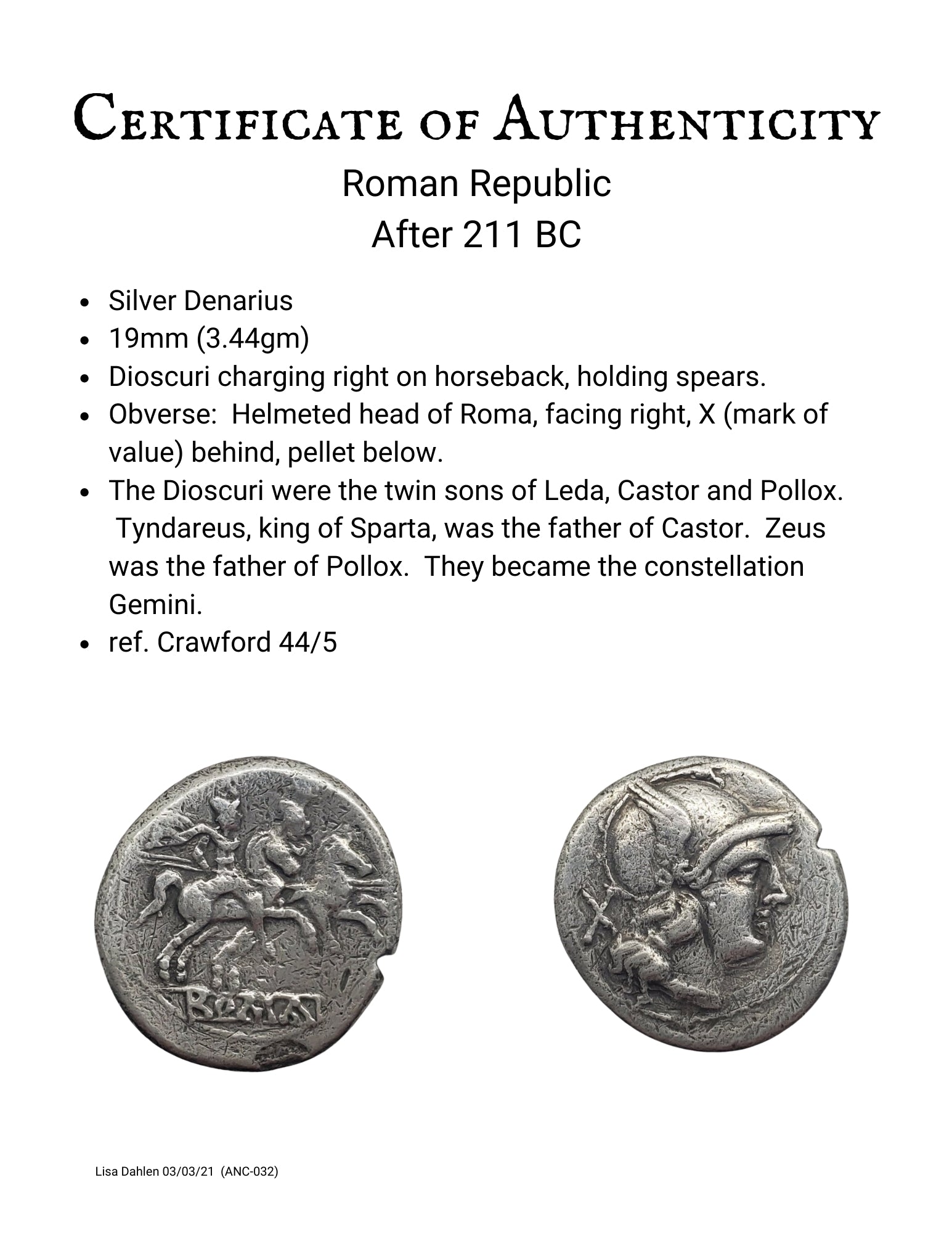 Ancient Roman Republic Silver coin with Dioscuri and Roma certificate