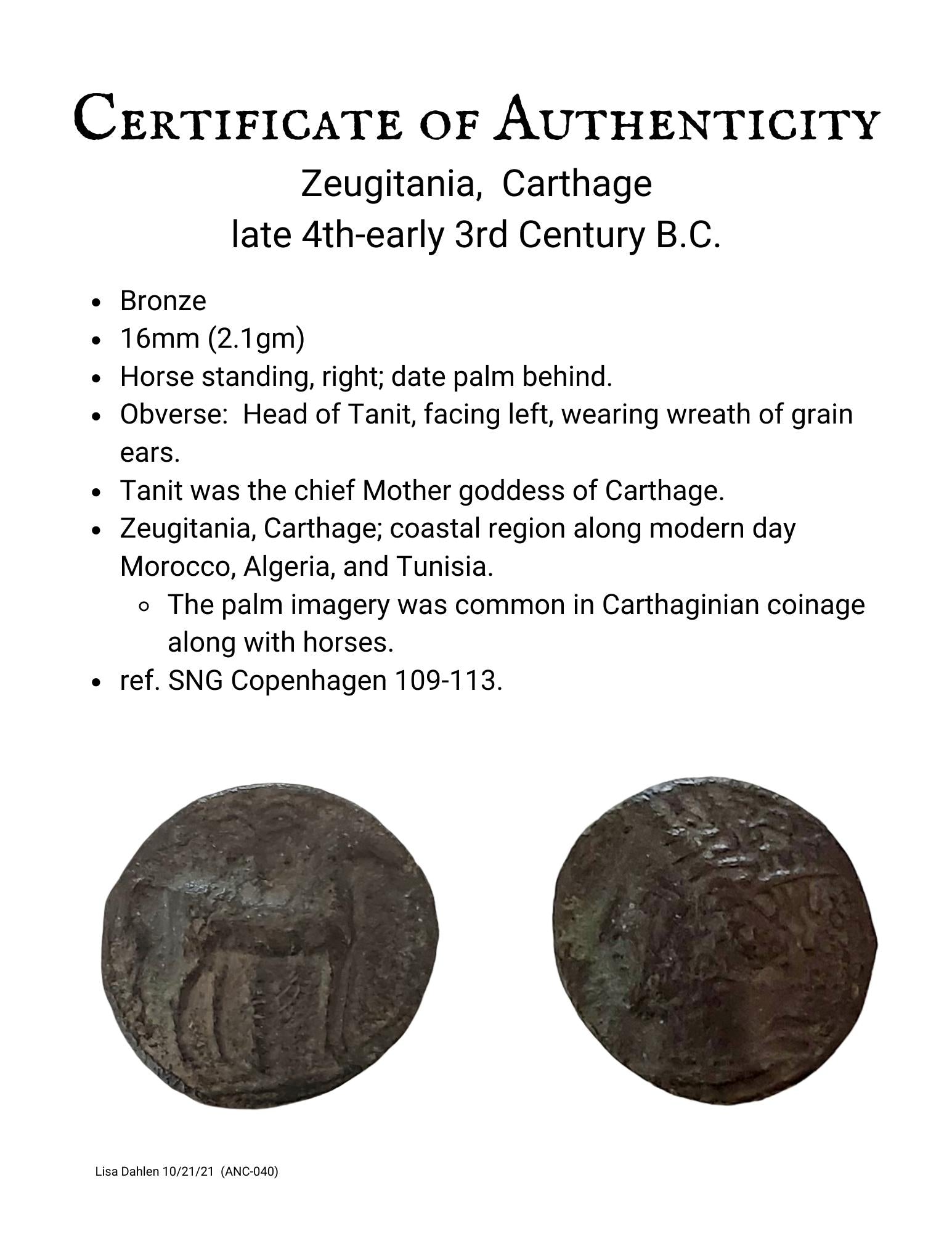 Carthage Ancient Greek Bronze Coin Horse and Palm Certificate