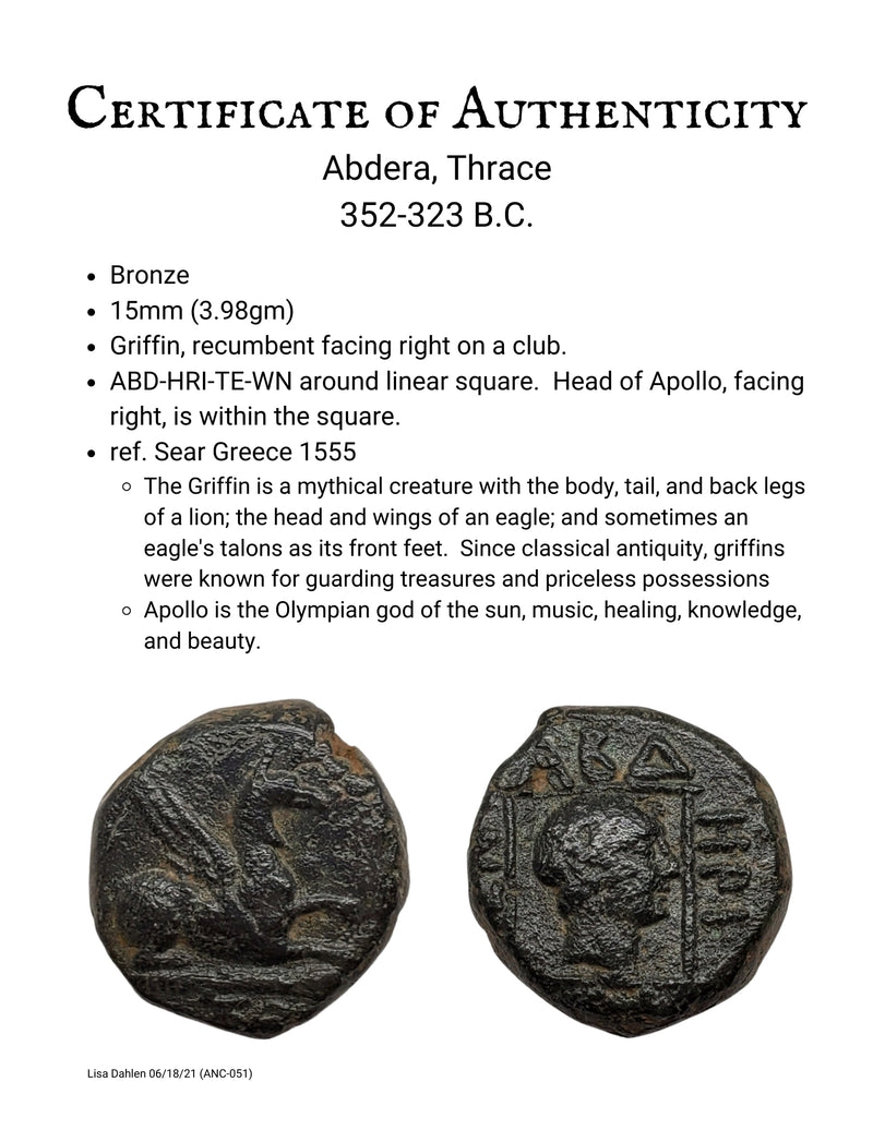 Ancient Greek Bronze coin of Griffin and Apollo Abdera, Thrace certificate