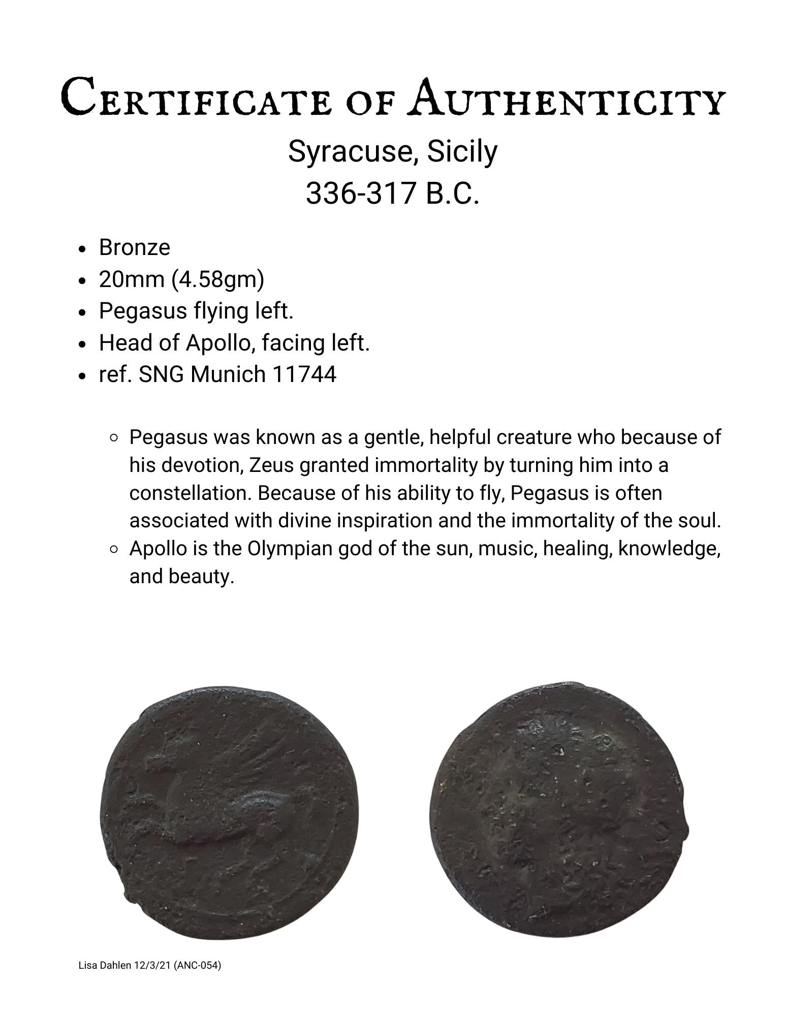 Ancient Greek Syracuse Bronze Coin of Pegasus and Apollo Certificate