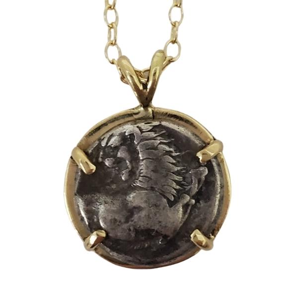 Ancient Greek silver coin Thrace Lion 400 - 350 BC  18kt gold pendant 