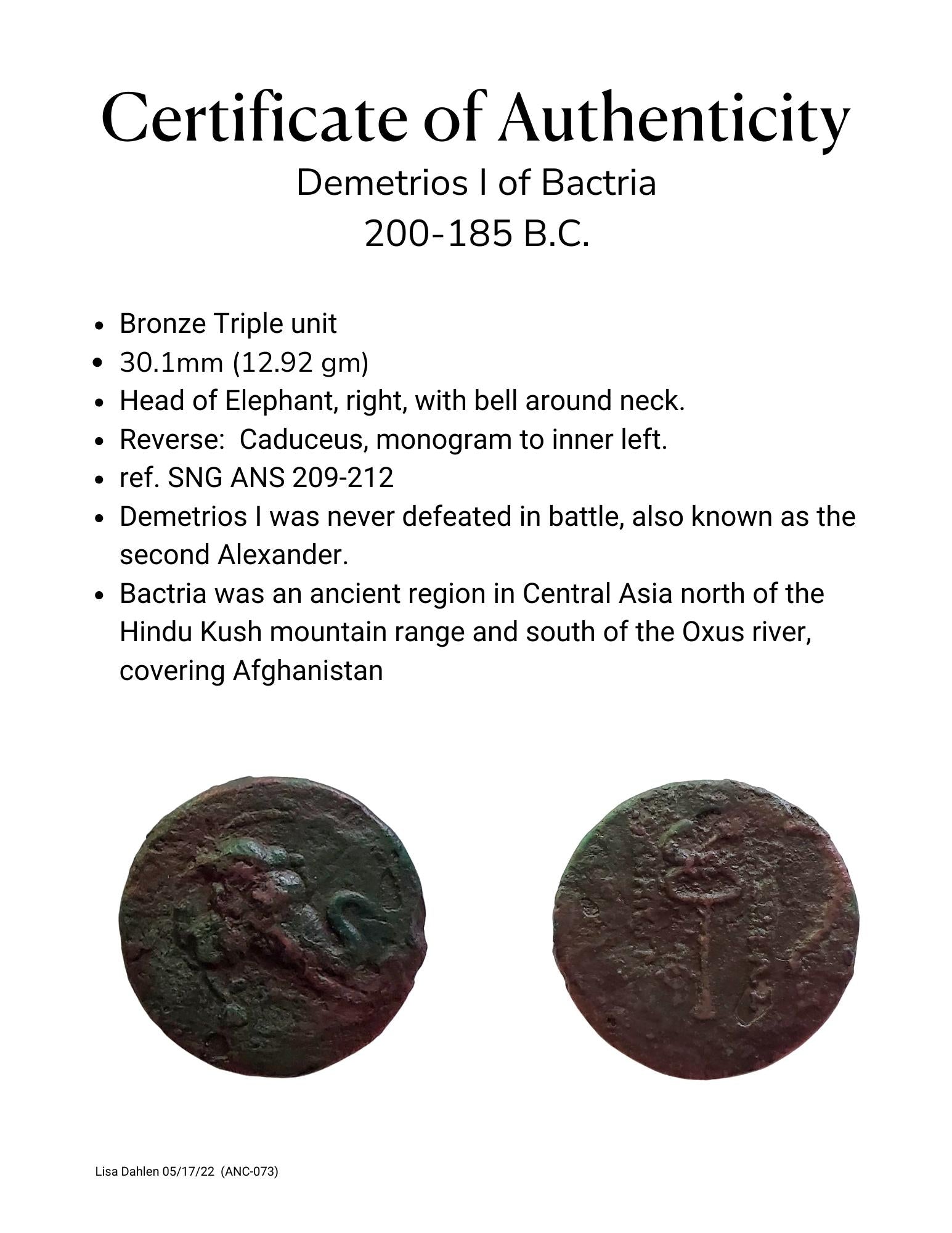 Greek Bronze Bactria Caduceus and Elephant (073)
