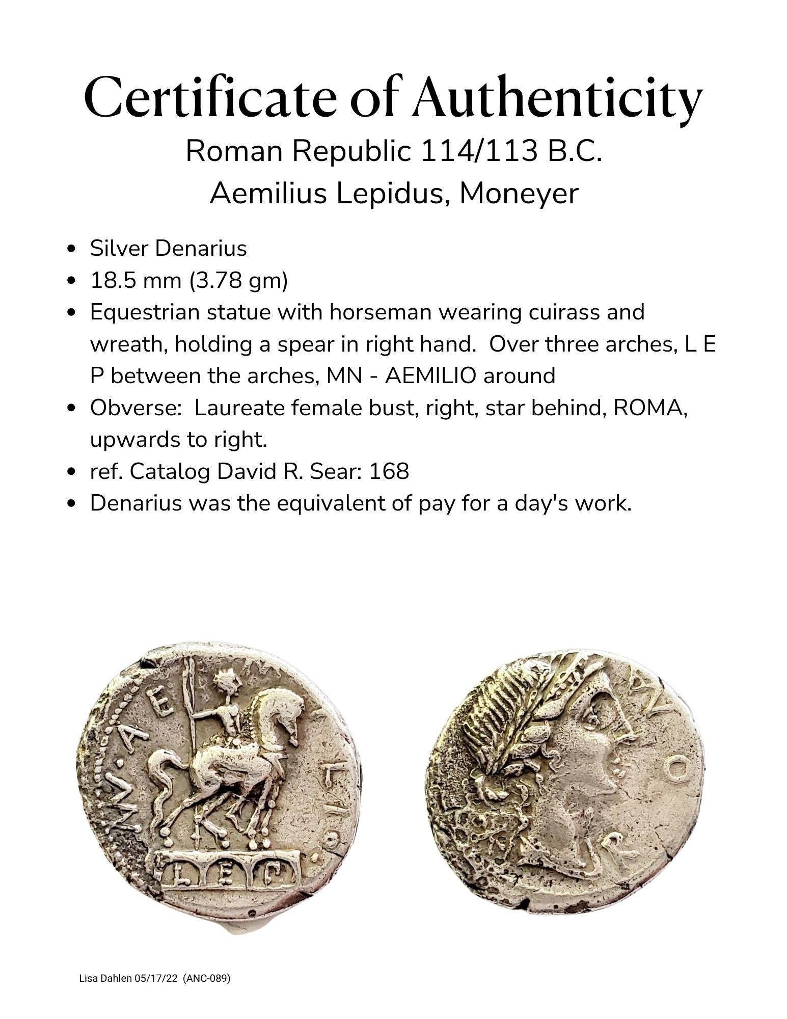 Ancient Roman Republic Silver Denarius Coin Pendant of Horse and Rider Statue on an arched platform certificate