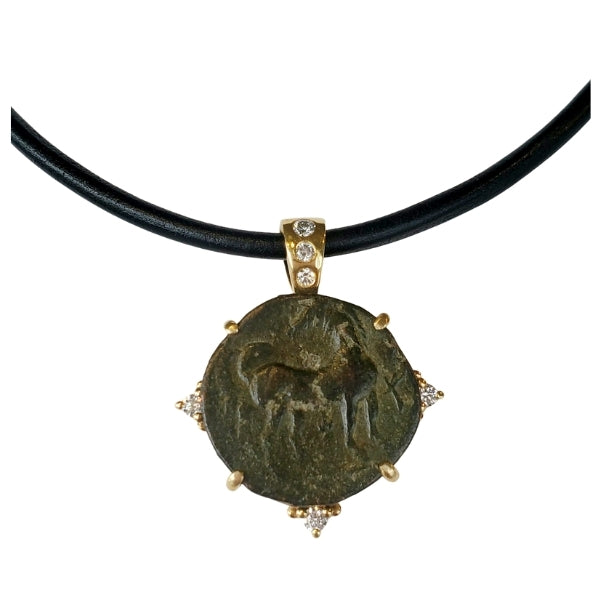 Ancient Greek bronze coin from Carthage 18kt gold pendant with diamond accents