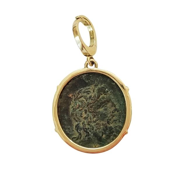 Ancient Greek bronze coin from Sinope, Paphlogonia of Zeus set in 18kt recycled gold with a charm bail, back of pendant
