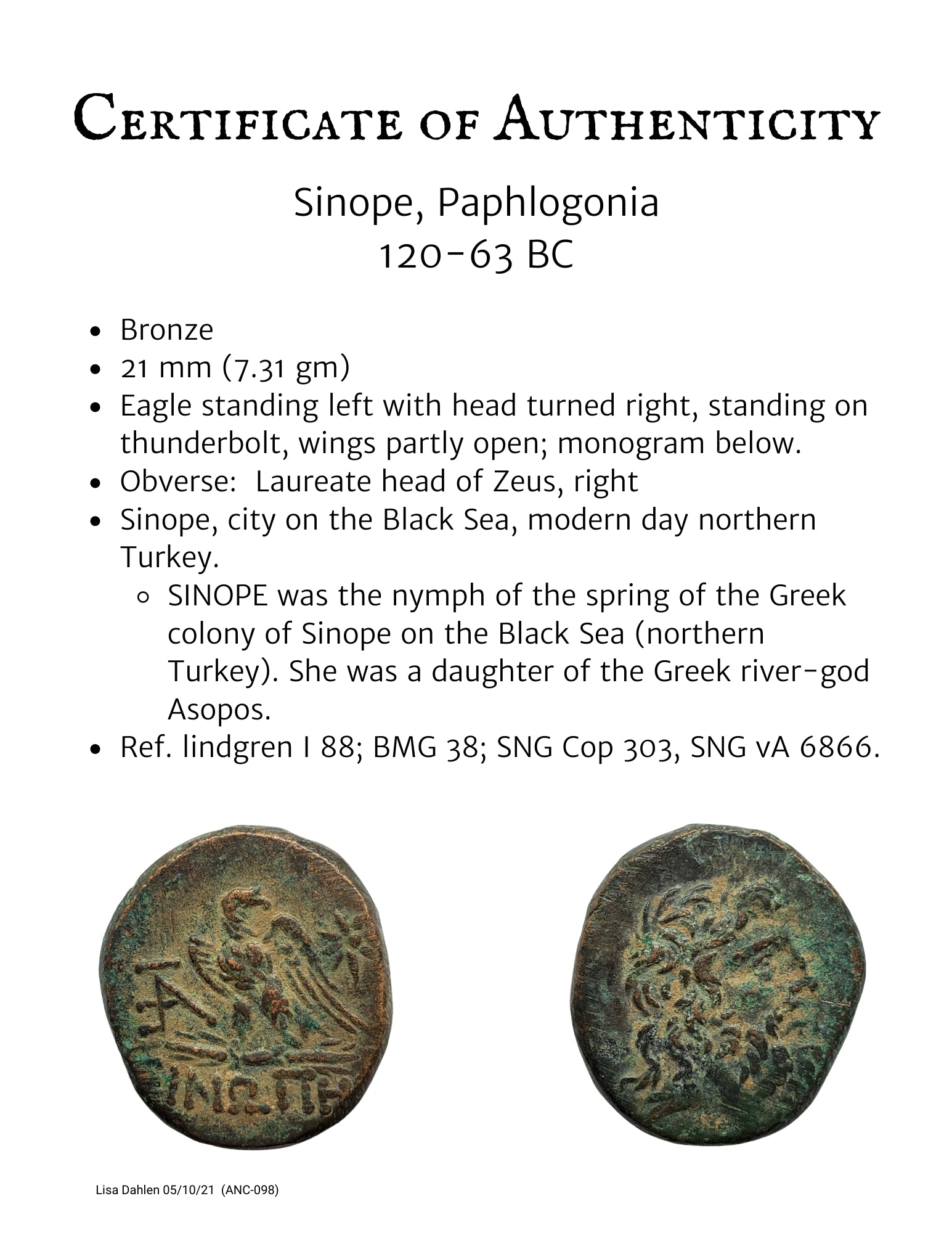 Certificate of Authenticity for Ancient Greek coin from Sinope Paphlogonia of an Eagle and Zeus  120-63 BC