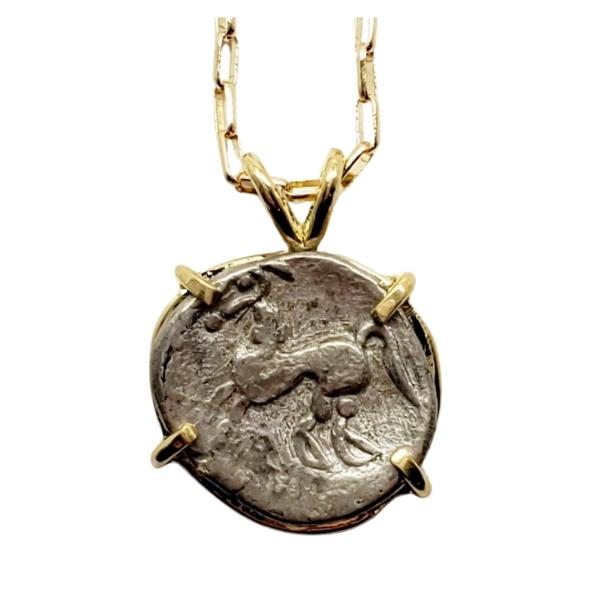 Danube Celt Ancient Silver Coin of Stylized Horse in 18kt Gold Pendant
