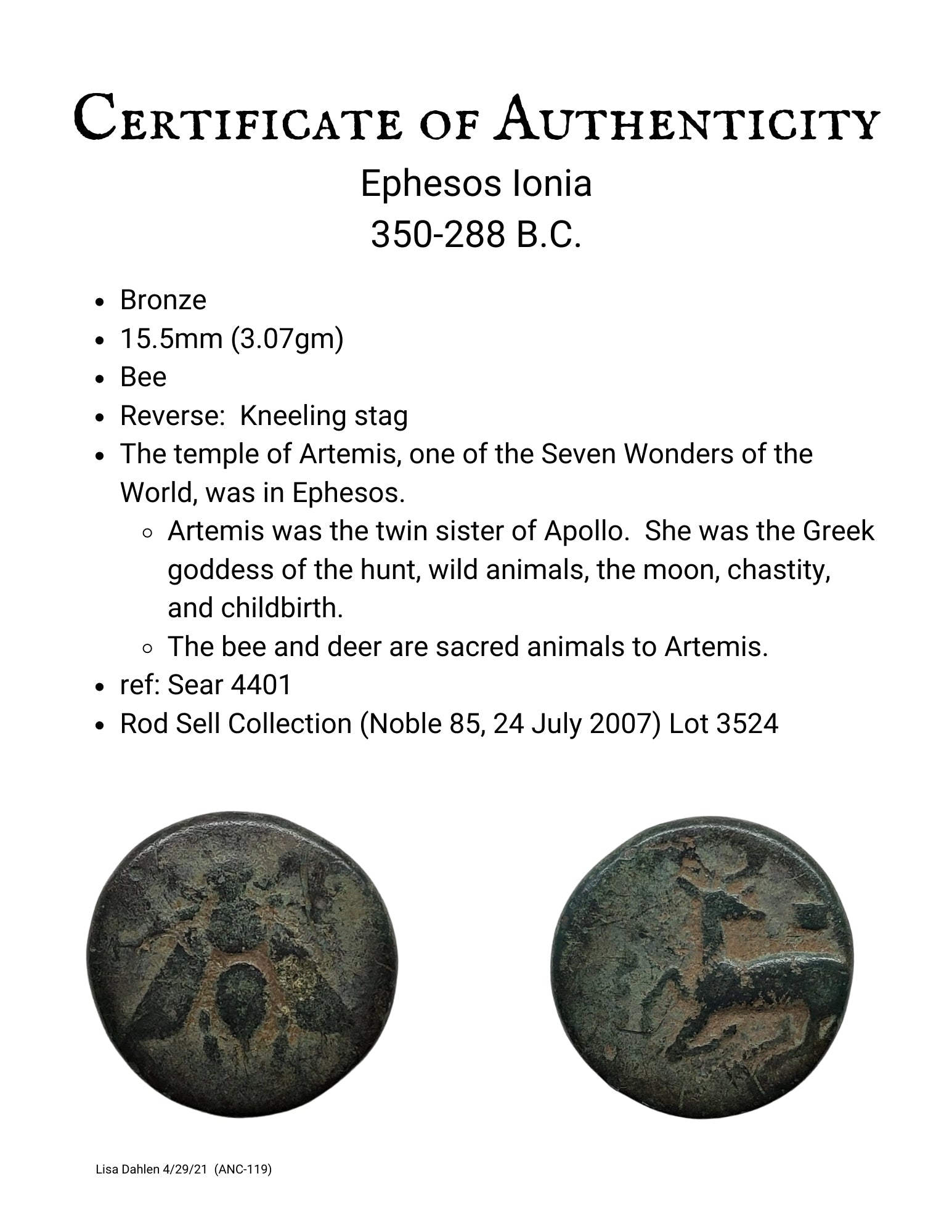 Ancient Greek bronze coin of a bee and a stag.  Certificate