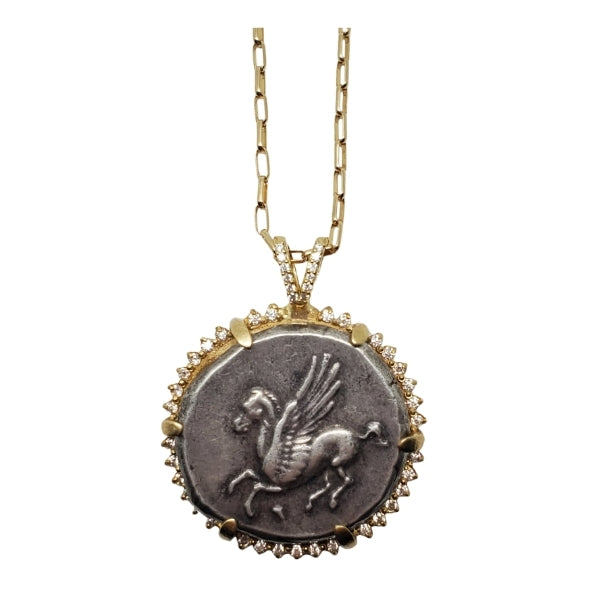 Ancient Greek SIlver Coin Corinth Pegasus Athena on back 18kt Gold Pendant surrounded by 1mm diamonds, diamond and gold bail
