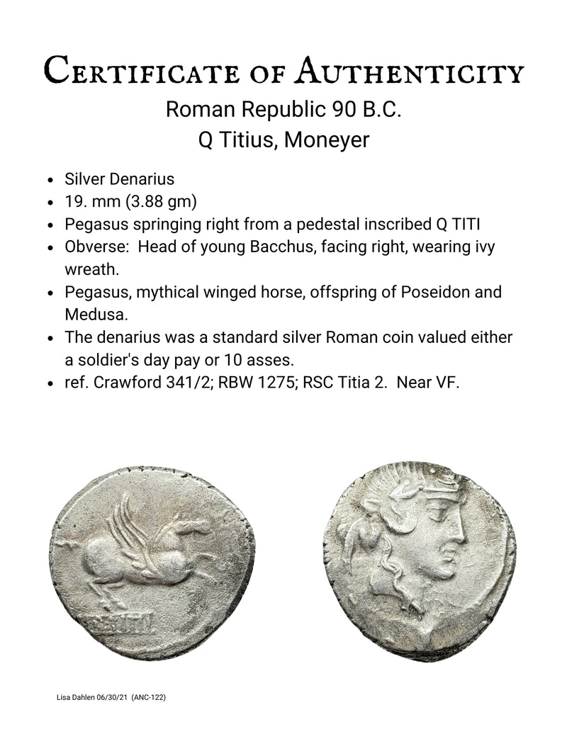 Roman Republic Silver Denarius Titius Pegasus Ancient Coin Certificate