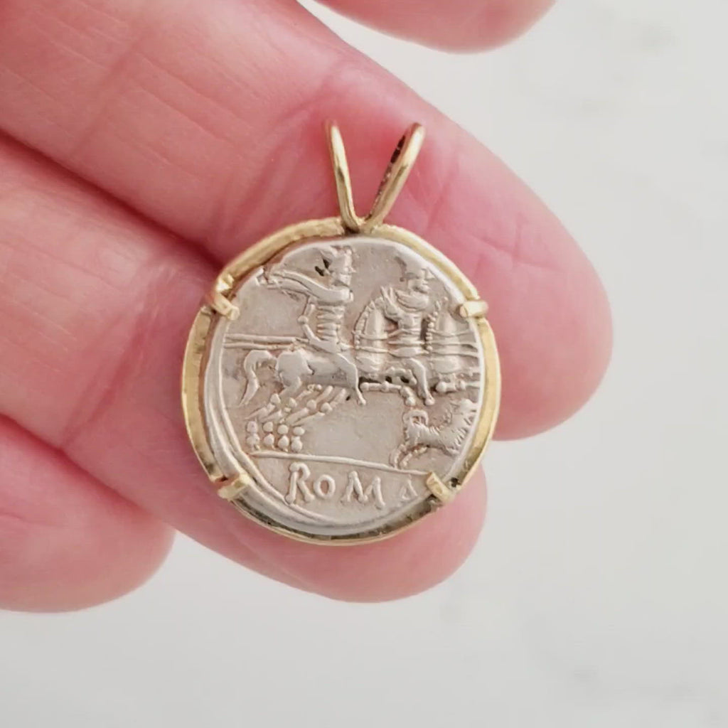 Ancient Roman Republic Silver Denarius Coin Gemini Dioscuri Twins on Horseback with Dog Roma on back Gold Pendant
