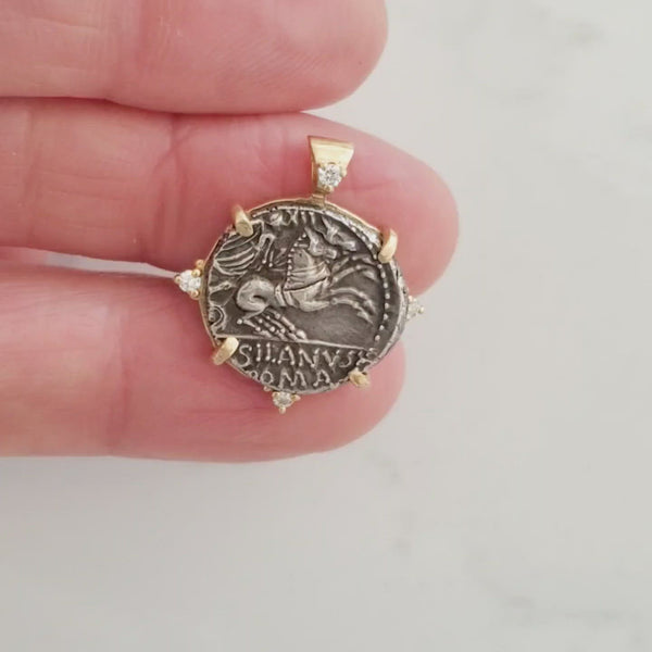Ancient Roman Republic Silver Denarius Coin Biga 2 Horse Chariot Victory Driving Roman on back  Gold and Diamond Pendant Video