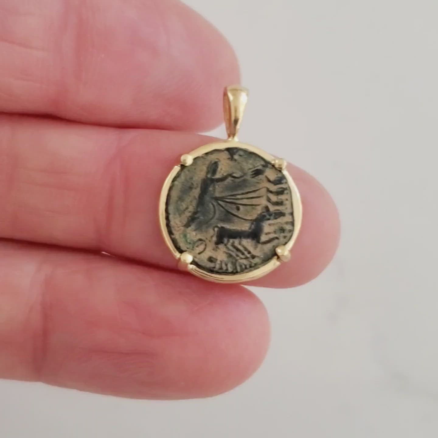 Ancient Roman Bronze Coin Constantine Commemorative Hand of God 4 Horse Chariot Constantine Reaching Up God's Hand Reaching Down Veiled Constantine on back Gold Pendant Video